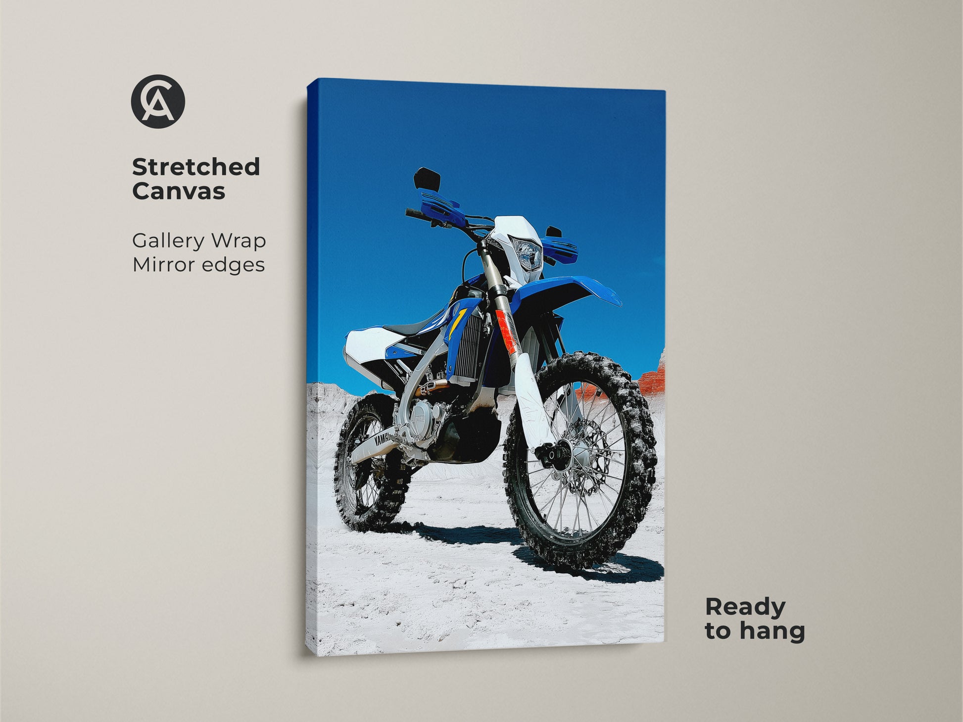 Stretched canvas featuring motocross motorcycle art. This blue and white dirt bike art is gallery wrapped with mirror edges. Ready to hang for instant garage man cave decor. Ideal for motorcycle enthusiasts who love off road vehicles.