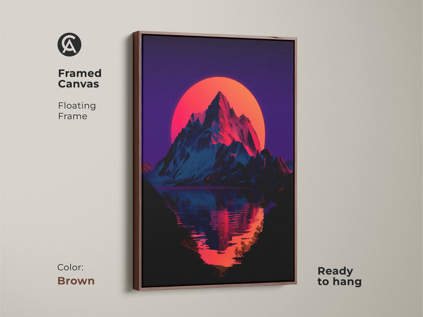 Framed canvas artwork of a retro mountain landscape. It has a floating brown frame. Perfect for adding a vintage touch to any room. The neon sunset and reflection enhance its beauty. Ready to hang.