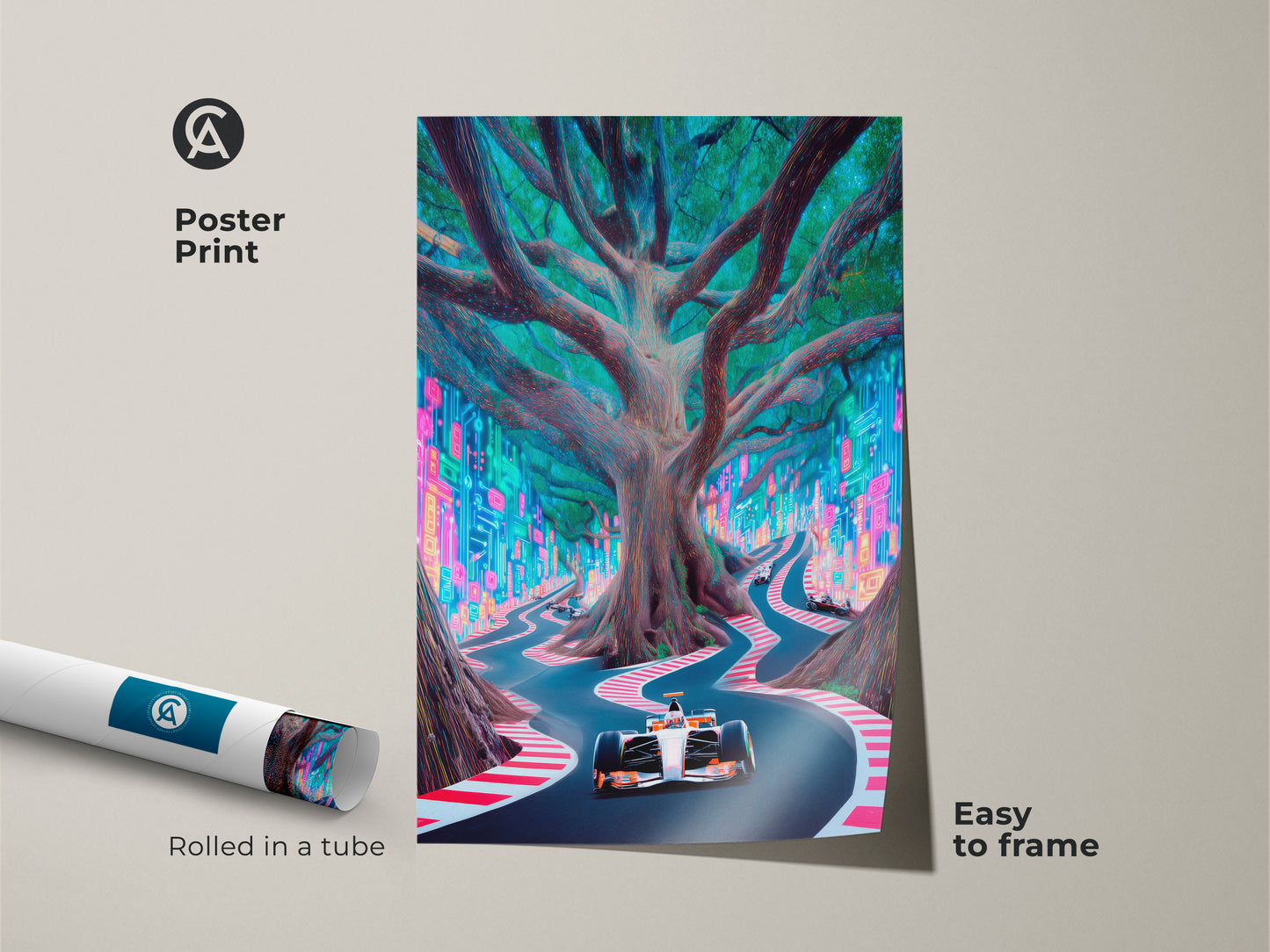 A Poster Print of Cyberpunk Racing Canvas. This neon city racing canvas showcases an electric blue tree road print. The Futuristic F1 wall art provides surreal nature racing decor. It's easy to frame and arrives rolled in a tube for protection.