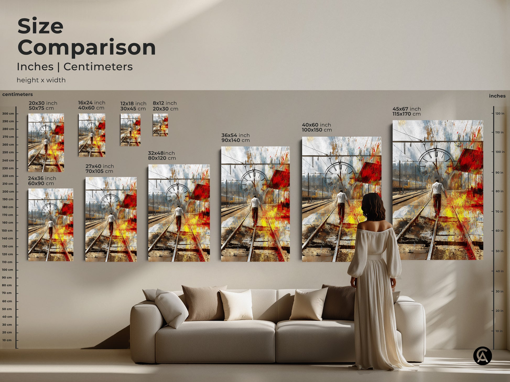 Size Comparison of abstract expressionism canvas prints. Inches and centimeters are shown. A man walks on train tracks with a time passing clock. This surrealist home decor is perfect for an eclectic office.