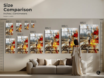 Size Comparison of abstract expressionism canvas prints. Inches and centimeters are shown. A man walks on train tracks with a time passing clock. This surrealist home decor is perfect for an eclectic office.
