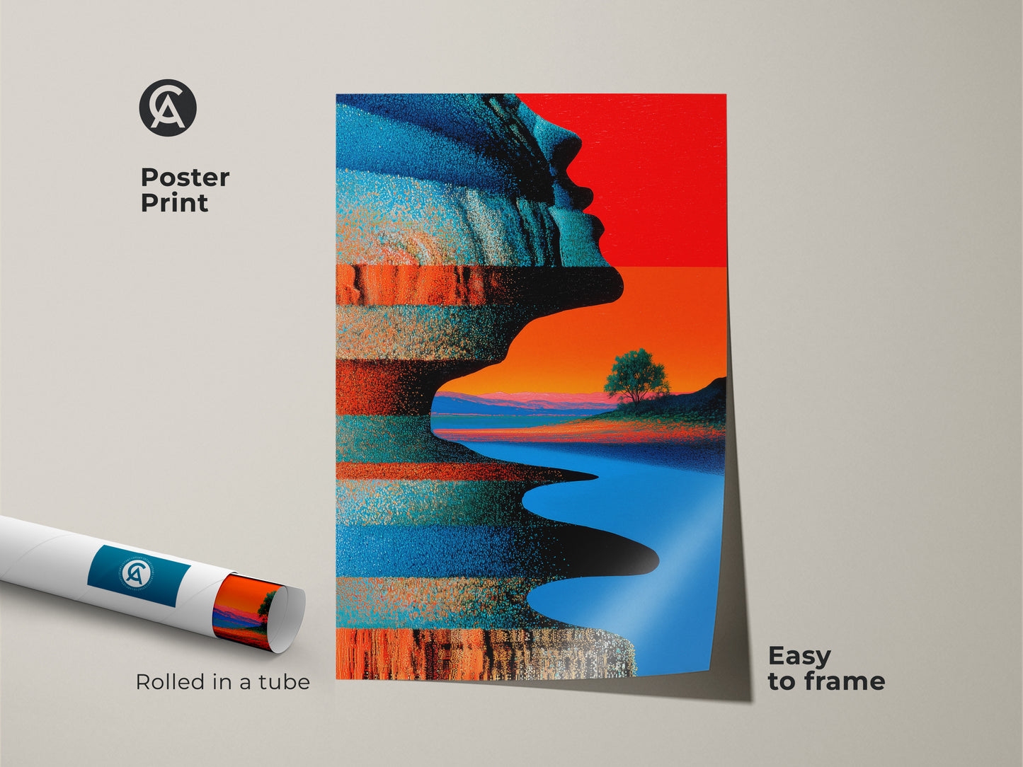 This poster print displays a captivating abstract landscape art. A contemporary profile merges with a surreal scene. Offered as an art print this brings an eclectic feel to any space. It is perfect as wall art for a living room or unique office decor.