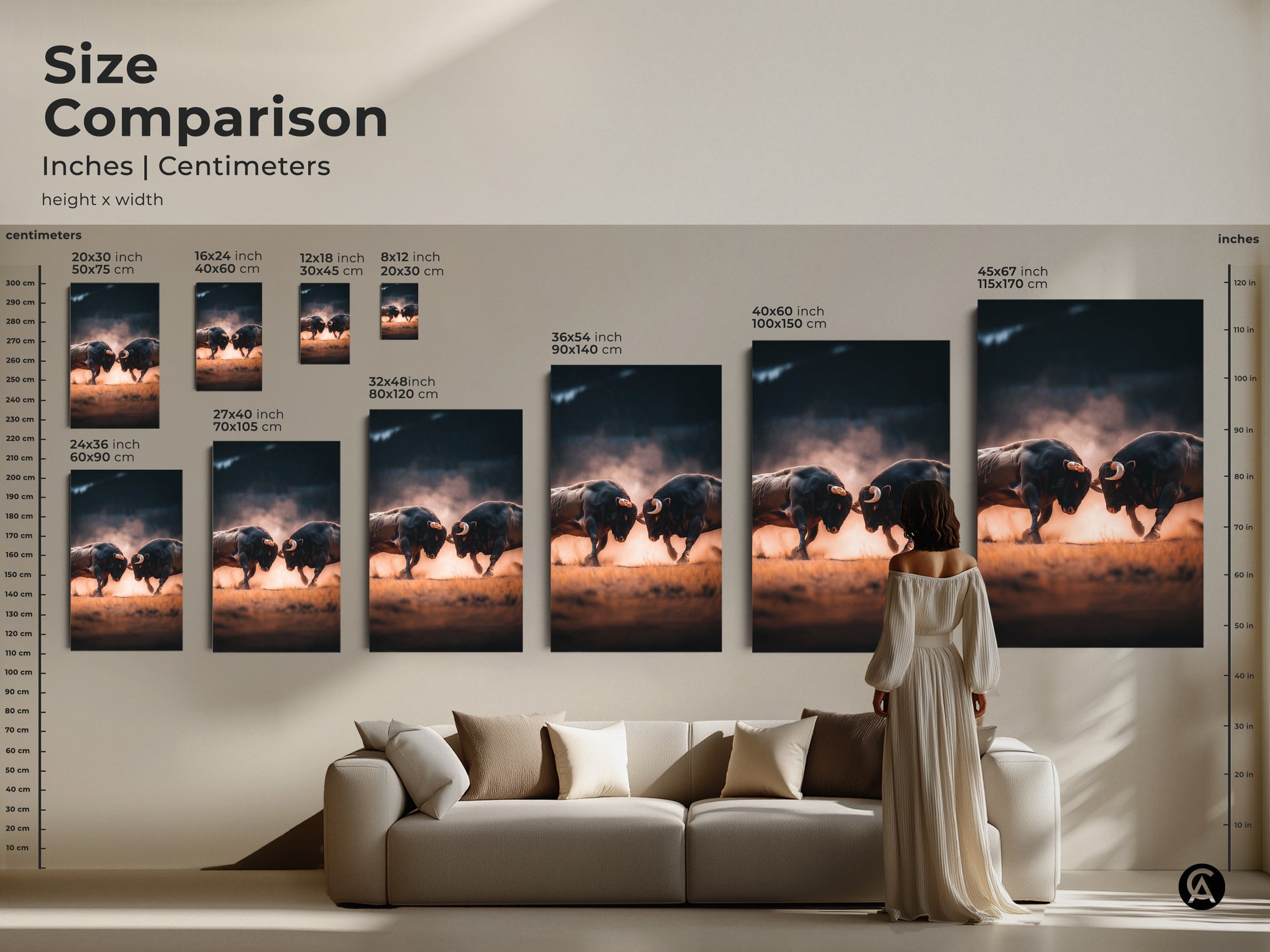 Size comparison showcasing art prints in inches and centimeters. Several sizes are available to match your needs. From small to extra-large canvas and poster options are displayed. Choose the right size for your animal art.