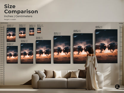Size comparison showcasing art prints in inches and centimeters. Several sizes are available to match your needs. From small to extra-large canvas and poster options are displayed. Choose the right size for your animal art.
