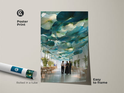 Poster print of teal green lotus leaves. Abstract botanical art is rolled in a tube ready for framing. Contemporary dining room decor showcases modern nature. A unique housewarming gift for interior enthusiasts.