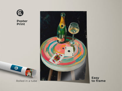 Poster Print version of the Eclectic Still Life. The champagne bottle and playing cards artwork comes rolled in a tube. It is easy to frame. It's ideal for a modern eclectic wall art.