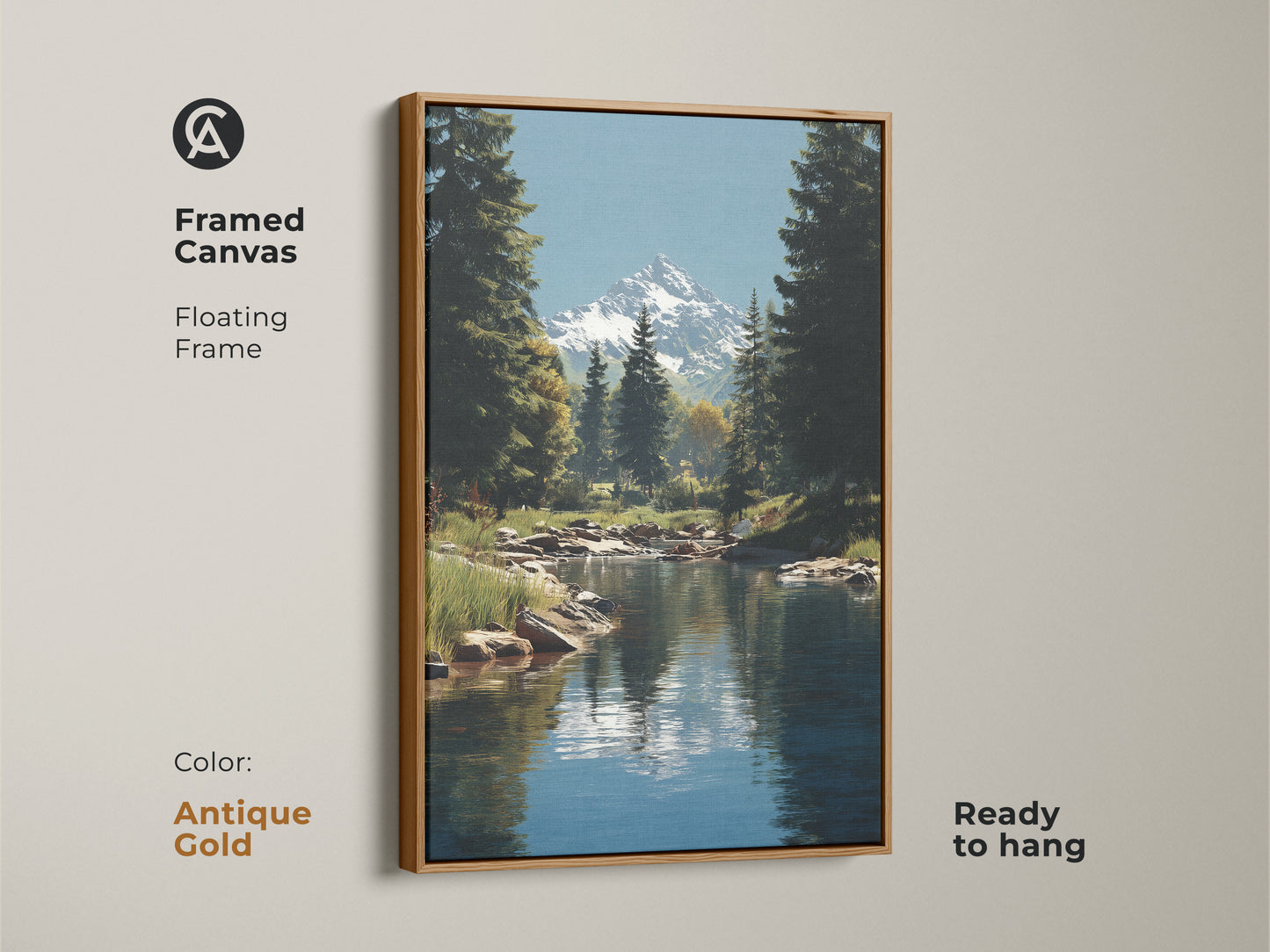 Framed canvas print in antique gold featuring a mountain river landscape with snowy peaks and forest pine trees. This ready-to-hang rustic nature artwork adds a touch of natural grandeur to any living space. A perfect housewarming gift for outdoor enthusiasts.