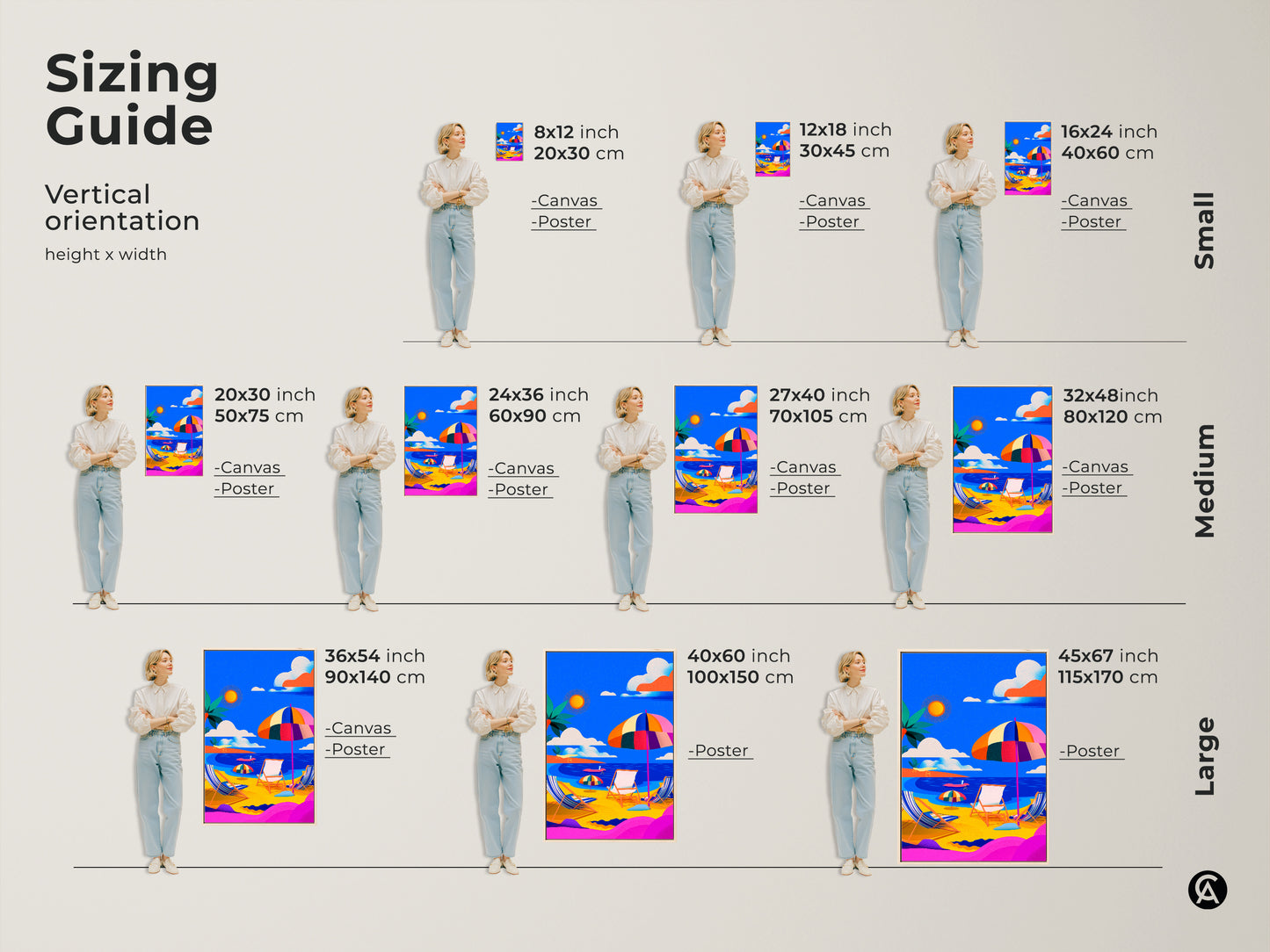 Sizing guide for vertical beach scene artwork. Available in small medium and large sizes. Choose from canvas or poster prints. Find the perfect fit for your space with dimensions in inches and centimeters. This guide helps you visualize how the artwork will look in your home. Transform your walls today.