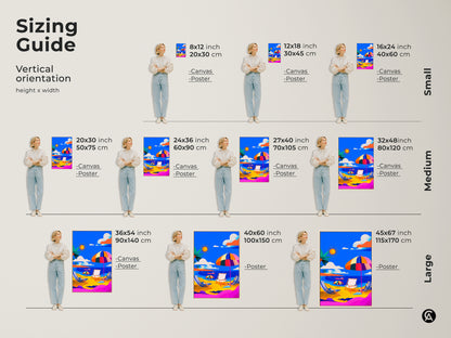 Sizing guide for vertical beach scene artwork. Available in small medium and large sizes. Choose from canvas or poster prints. Find the perfect fit for your space with dimensions in inches and centimeters. This guide helps you visualize how the artwork will look in your home. Transform your walls today.