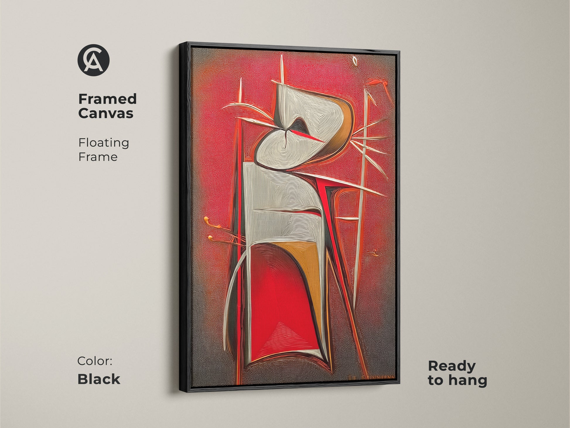 Framed canvas of a red grey and white abstract geometric artwork. The floating frame is black and the piece is ready to hang. A contemporary art print for modern office decor.