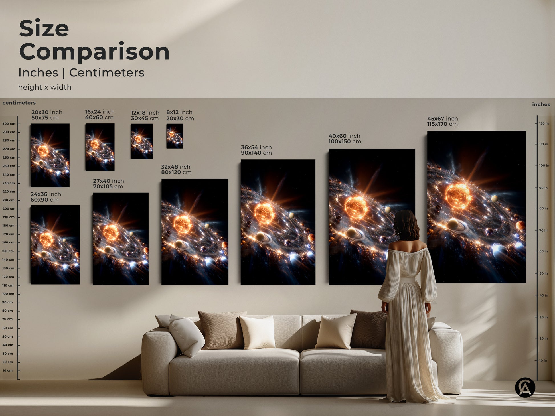 Size comparison of solar system artwork in inches and centimeters. See how each canvas or poster size fits above a couch. Options range from 8x12 inch to 45x67 inch. Find the ideal dimensions to enhance your living space with cosmic art.
