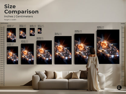 Size comparison of solar system artwork in inches and centimeters. See how each canvas or poster size fits above a couch. Options range from 8x12 inch to 45x67 inch. Find the ideal dimensions to enhance your living space with cosmic art.