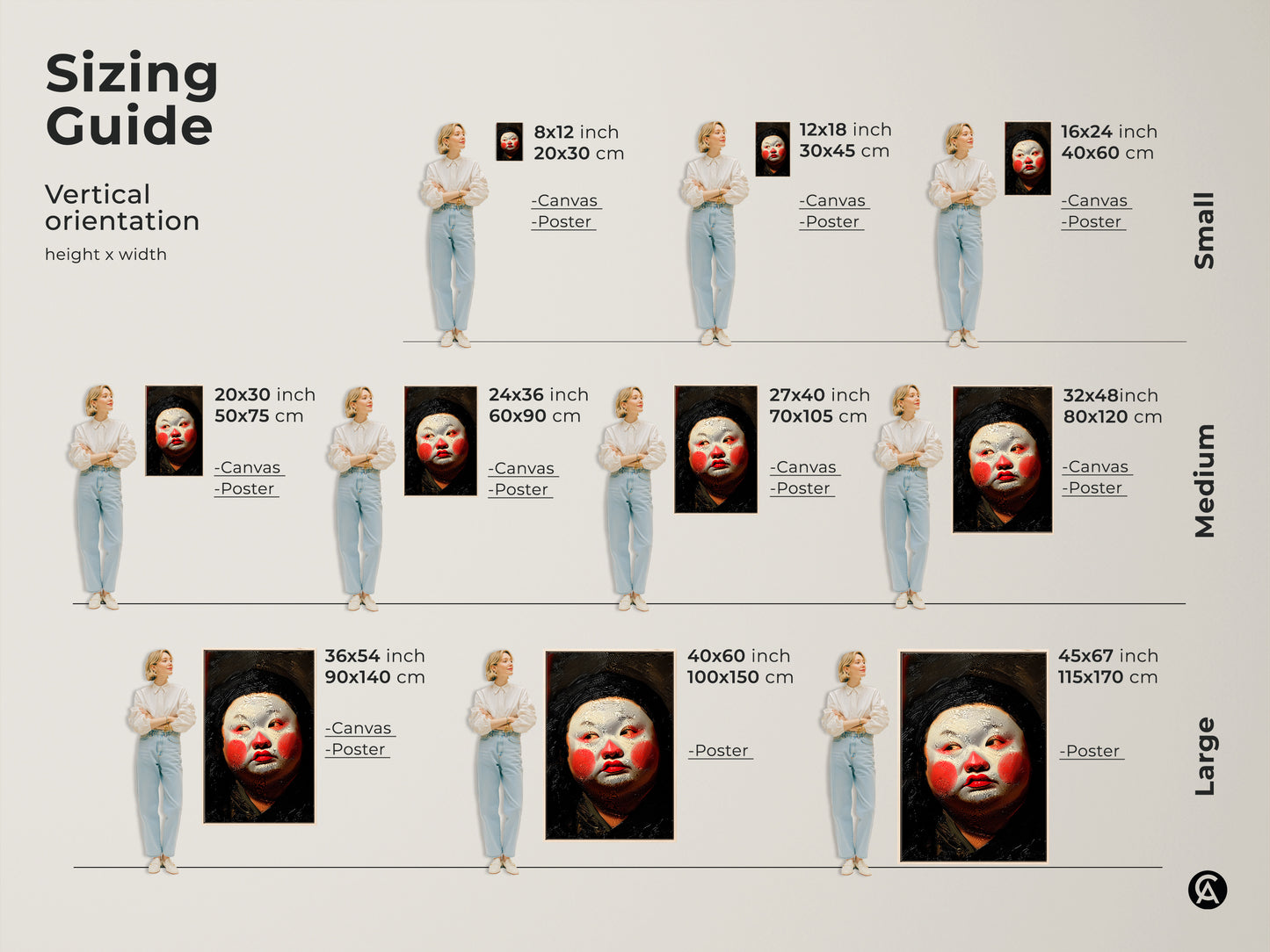 Sizing guide for the Geisha artwork. Vertical orientation options include various sizes. Find the perfect fit for your space. Choose from canvas and poster prints. Elevate your decor with this expressionist portrait art.