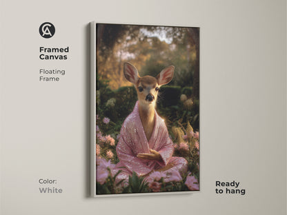 White framed canvas artwork of a meditating deer. The fawn wears a pink sequin robe. This spiritual animal wall decor is ready to hang. The boho zen art brings a peaceful vibe. It's perfect for bedroom spiritual decor.