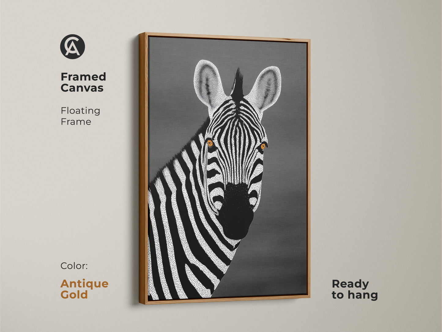 Antique gold framed canvas of a monochrome zebra artwork. Floating frame enhances the minimalist dot style. High contrast between black and white makes the zebra stand out. Perfect wall art for modern interiors.