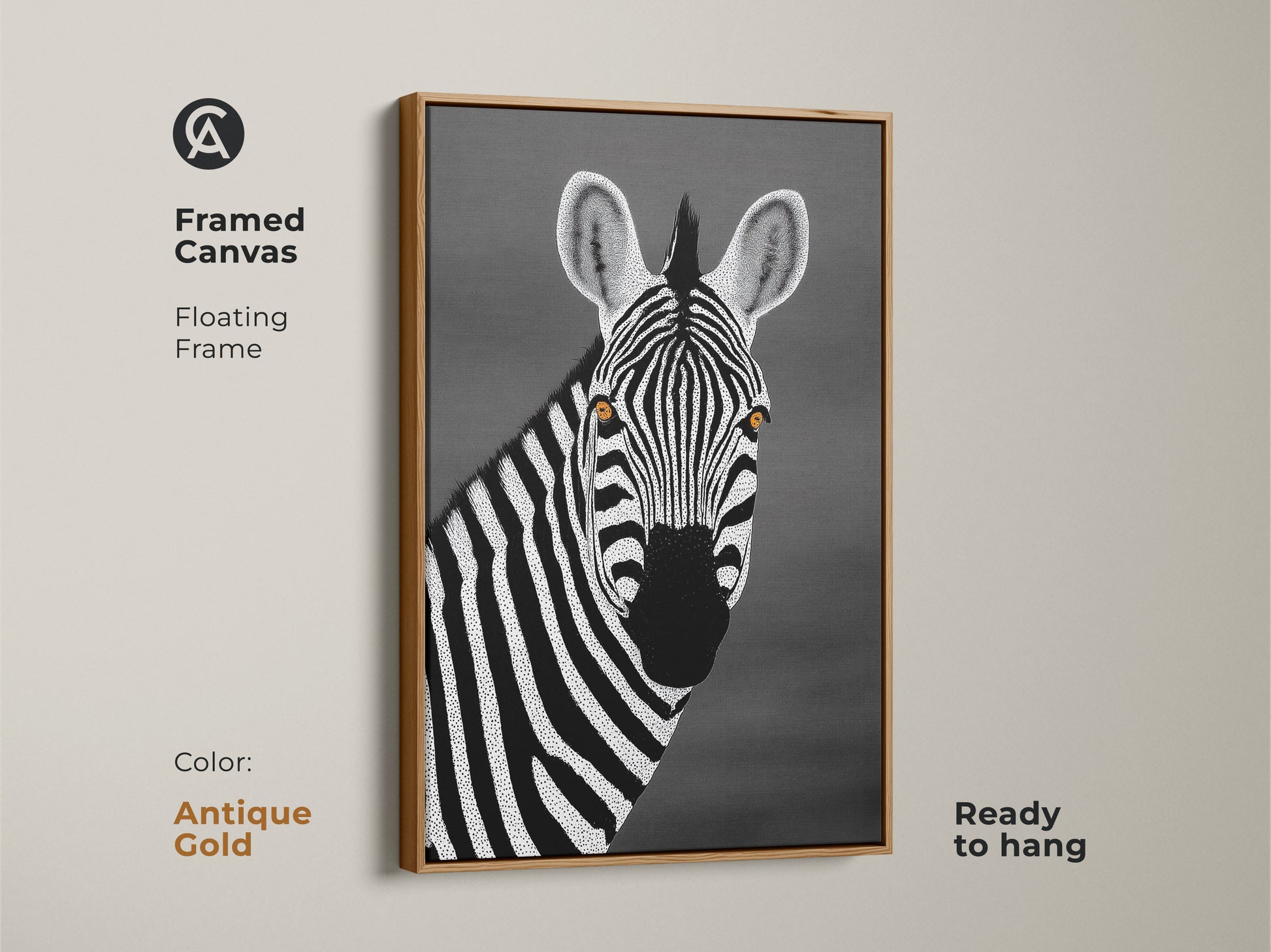 Antique gold framed canvas of a monochrome zebra artwork. Floating frame enhances the minimalist dot style. High contrast between black and white makes the zebra stand out. Perfect wall art for modern interiors.