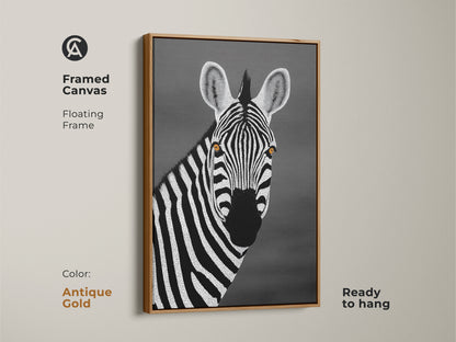 Antique gold framed canvas of a monochrome zebra artwork. Floating frame enhances the minimalist dot style. High contrast between black and white makes the zebra stand out. Perfect wall art for modern interiors.