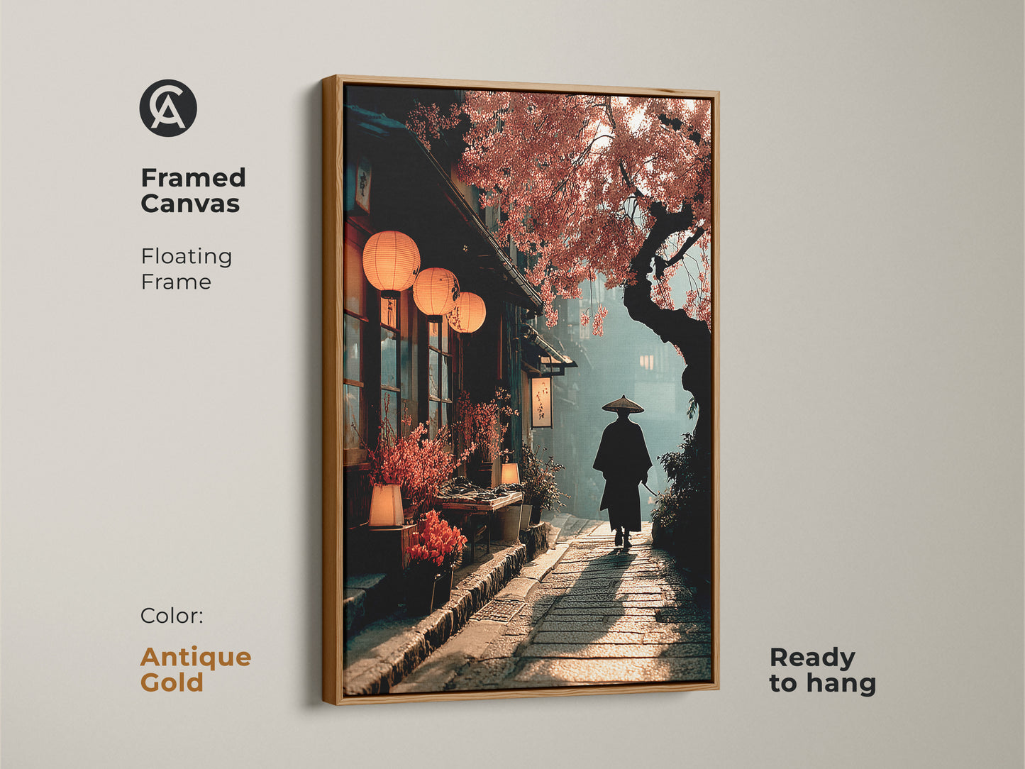 Framed in antique gold this Japandi wall decor features a Japanese street scene. A samurai walks beneath cherry blossoms in warm orange and deep brown hues. The floating frame accentuates this canvas perfect for oriental home decor. Ready to hang this artwork brings serene cultural charm.