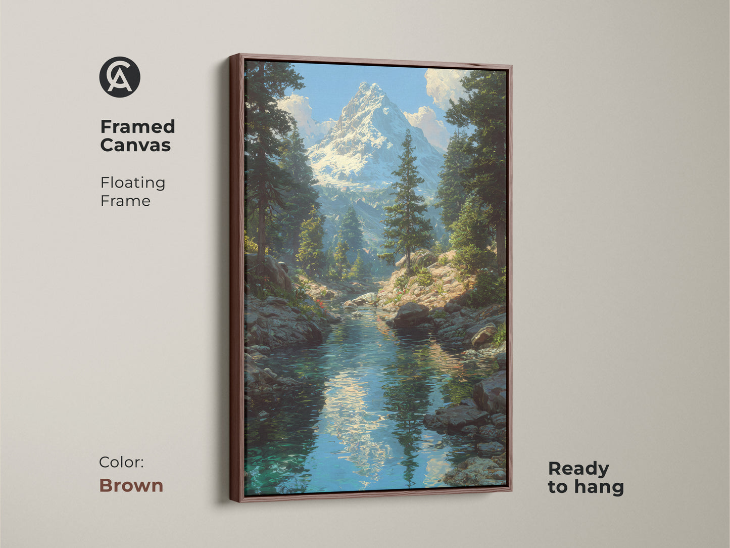Framed canvas art displays a mountain river landscape. The brown floating frame complements this rustic nature print. Ready to hang in any room. This traditional artwork features a snow-capped mountain and pine trees. A serene blue and green scene.