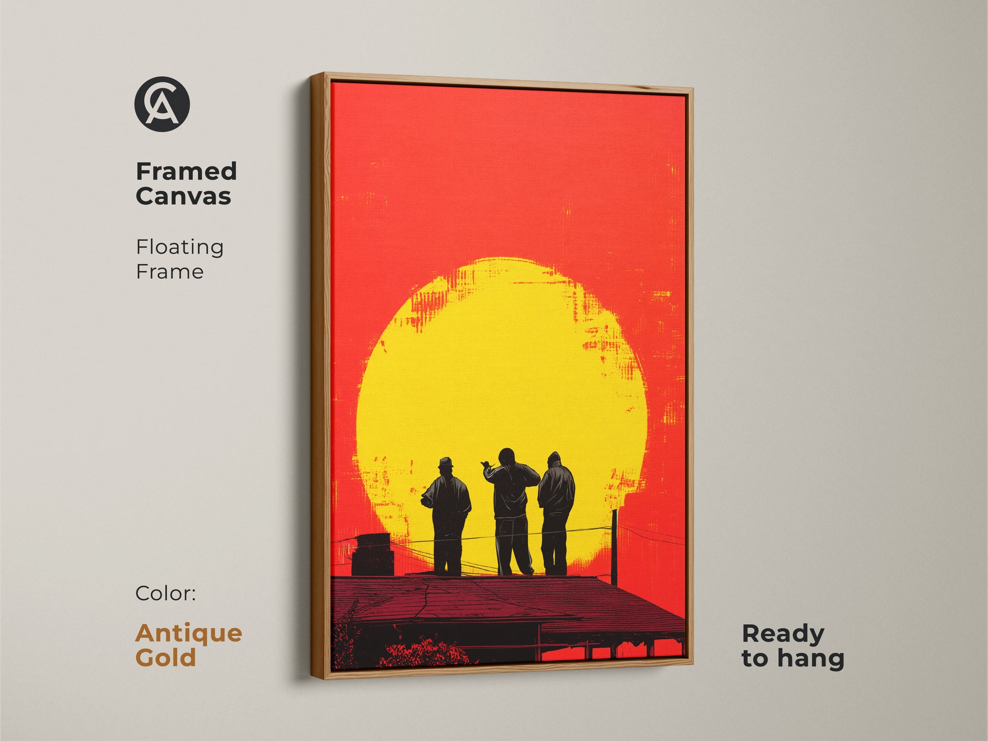 Framed canvas showcasing urban rooftop figures artwork. The antique gold floating frame enhances the retro pop art. This sunset silhouette art is a perfect housewarming gift for art lovers.