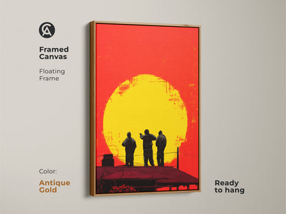 Framed canvas showcasing urban rooftop figures artwork. The antique gold floating frame enhances the retro pop art. This sunset silhouette art is a perfect housewarming gift for art lovers.