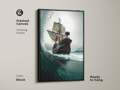Black Framed Canvas art of a Tall Ship on an Ocean Wave. Nautical Coastal decor suitable for any room. Deep blue grey teal tones enhance this adventure artwork. Ready to hang and adds a touch of maritime history.