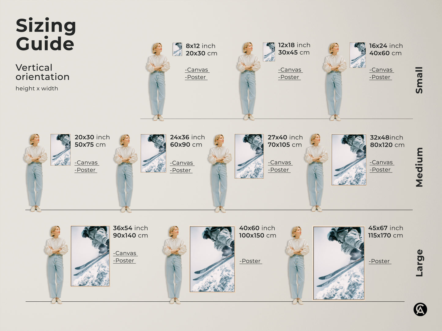Vertical sizing guide for ski art. See how canvas and poster prints look in different sizes. Visualize 8x12 to 45x67 inch options. Find the perfect fit for your space. Transform your walls today.
