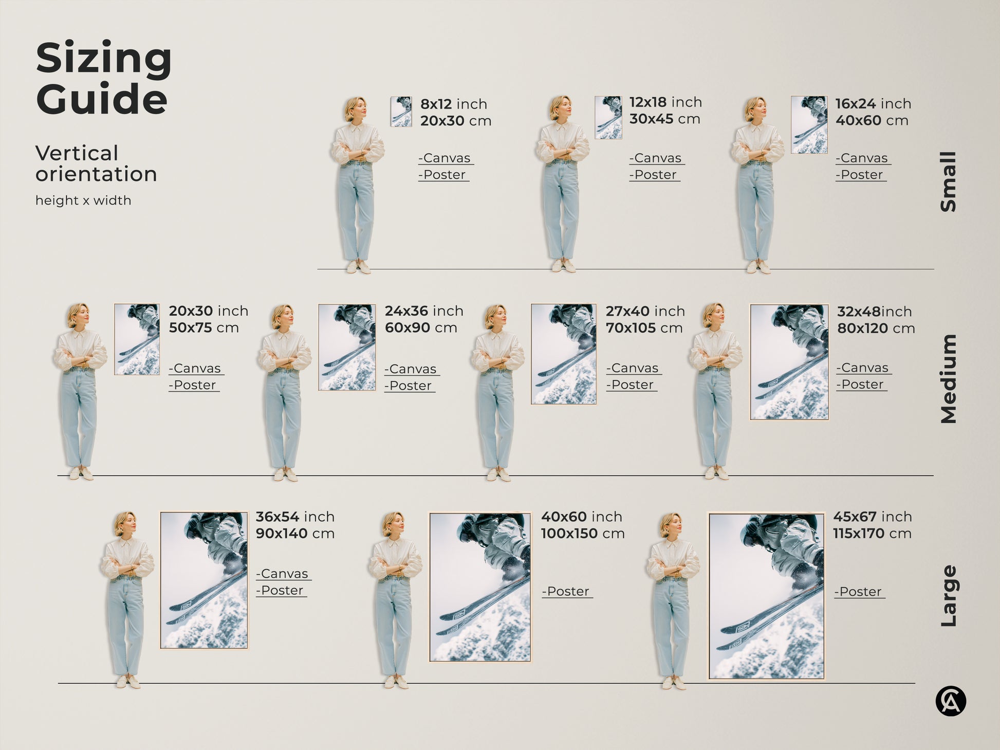 Vertical sizing guide for ski art. See how canvas and poster prints look in different sizes. Visualize 8x12 to 45x67 inch options. Find the perfect fit for your space. Transform your walls today.