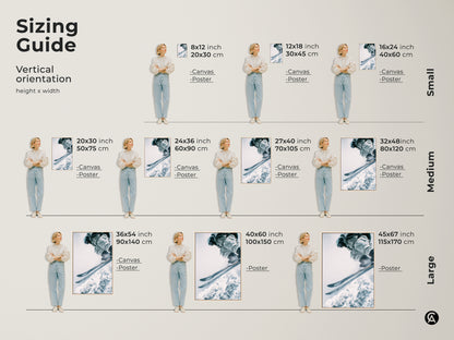 Vertical sizing guide for ski art. See how canvas and poster prints look in different sizes. Visualize 8x12 to 45x67 inch options. Find the perfect fit for your space. Transform your walls today.