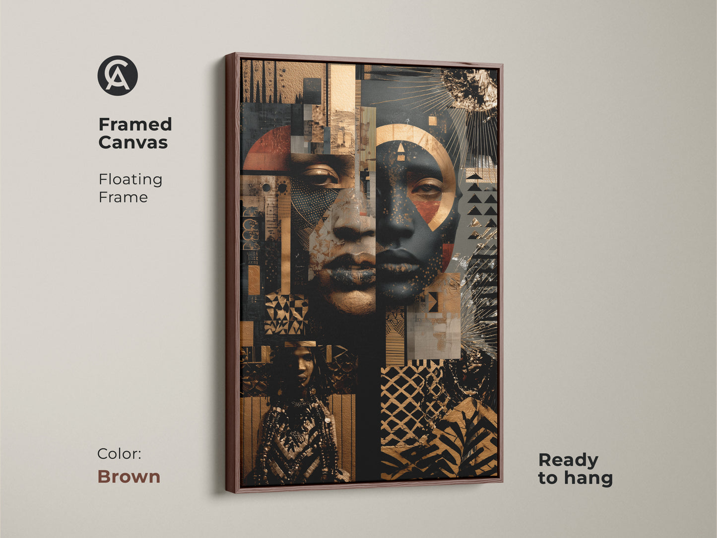 Framed canvas with a floating frame shows an Afrofuturist face. The abstract portrait wall art is gold and black. Ready to hang mixed media African art. Color is brown.