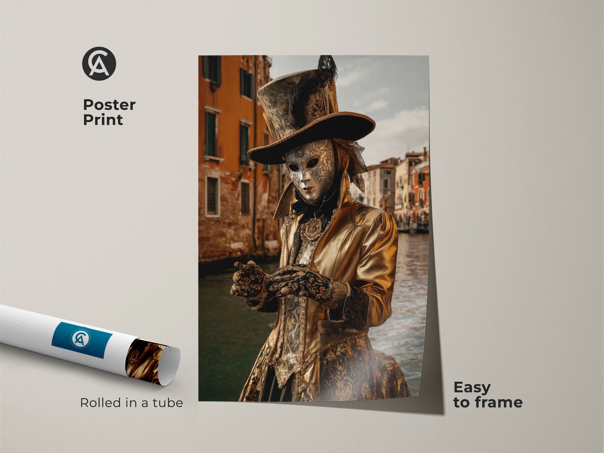 This poster print showcases Venice Carnival's theatrical gold costume art. Rolled in a tube it is easy to frame. The ornate Venetian mask art will look amazing on your wall. An ideal eclectic travel souvenir art piece.