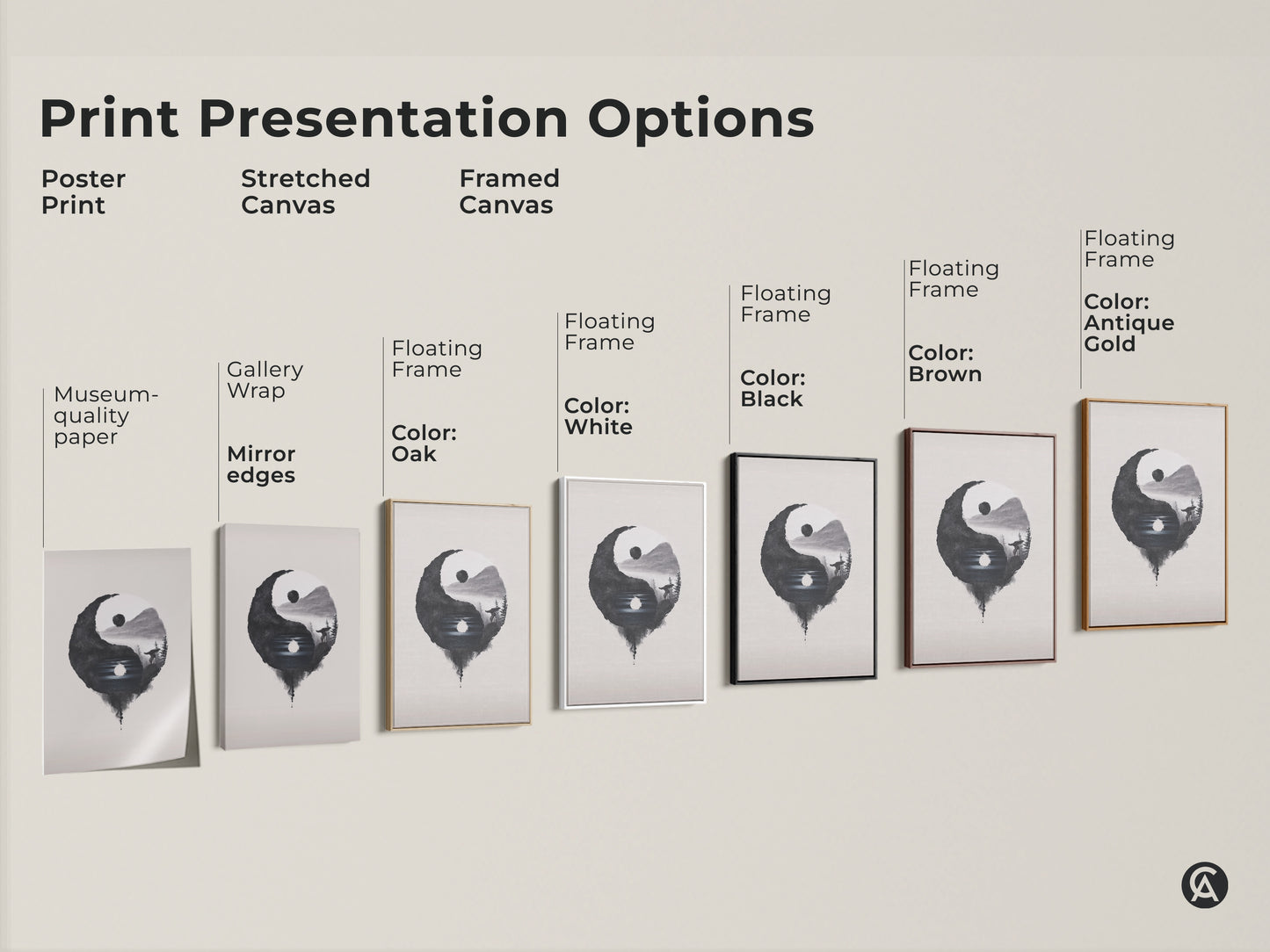 Print Presentation Options showcases Yin Yang Wolf art. Choices include poster stretched and framed canvas. Floating frames come in oak white black brown and antique gold. Find the perfect zen art for your space.