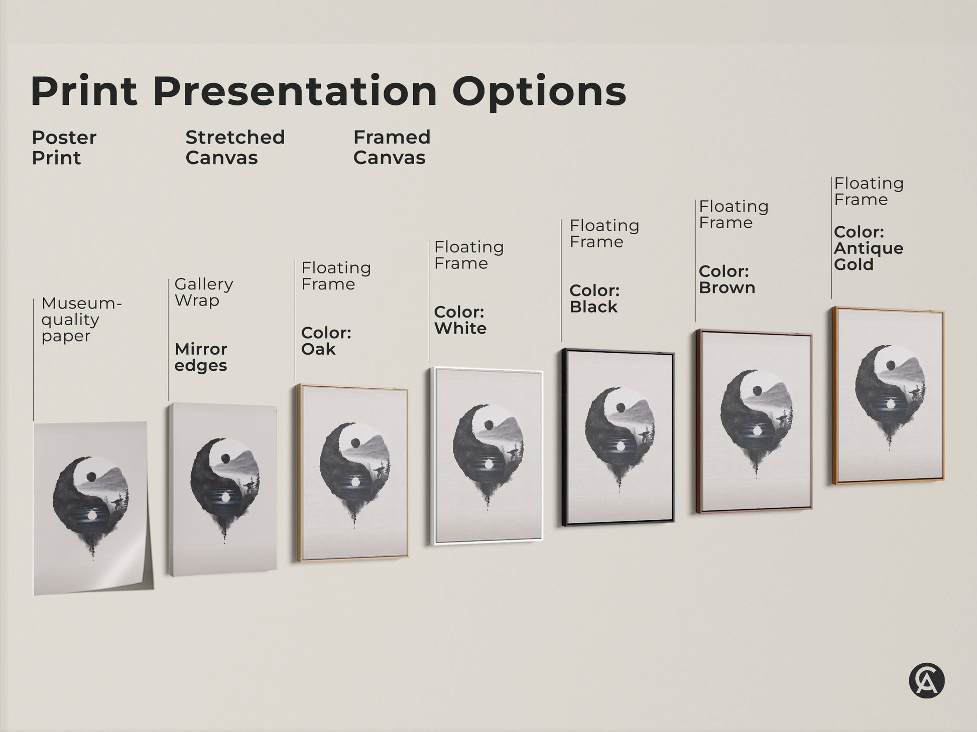 Print Presentation Options showcases Yin Yang Wolf art. Choices include poster stretched and framed canvas. Floating frames come in oak white black brown and antique gold. Find the perfect zen art for your space.