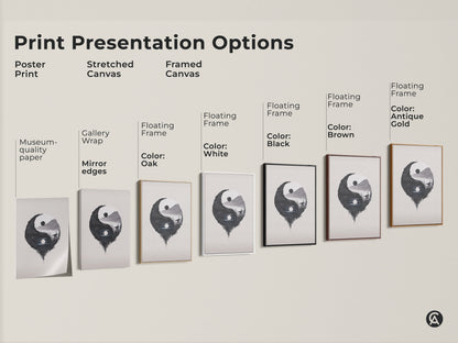 Print Presentation Options showcases Yin Yang Wolf art. Choices include poster stretched and framed canvas. Floating frames come in oak white black brown and antique gold. Find the perfect zen art for your space.