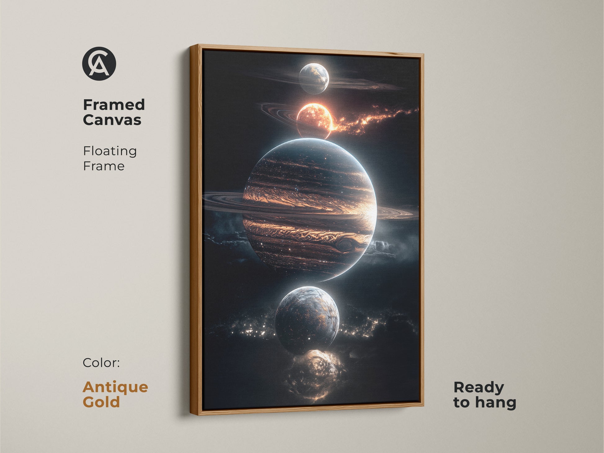 Framed canvas featuring planets floating in space. The antique gold floating frame makes it ready to hang. This stellar artwork is perfect for any room. Get your framed canvas today.