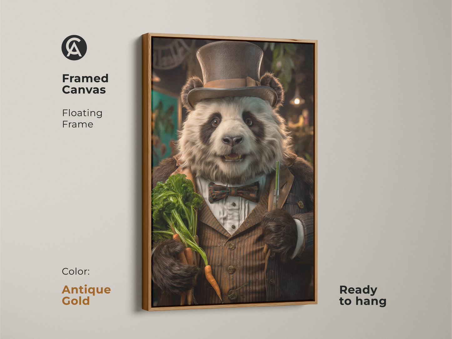 Framed canvas features dapper panda artwork with an antique gold floating frame. A rustic wildlife print is ready to hang. The warm ochre and golden brown tones make it a unique home decor.