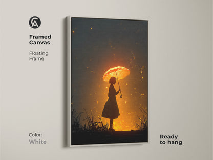 Framed canvas print. White floating frame. A girl with an umbrella is featured. Sparkling light effects add magic. Ready to hang. Perfect for adding a warm glow to your home decor. A dreamy art piece.