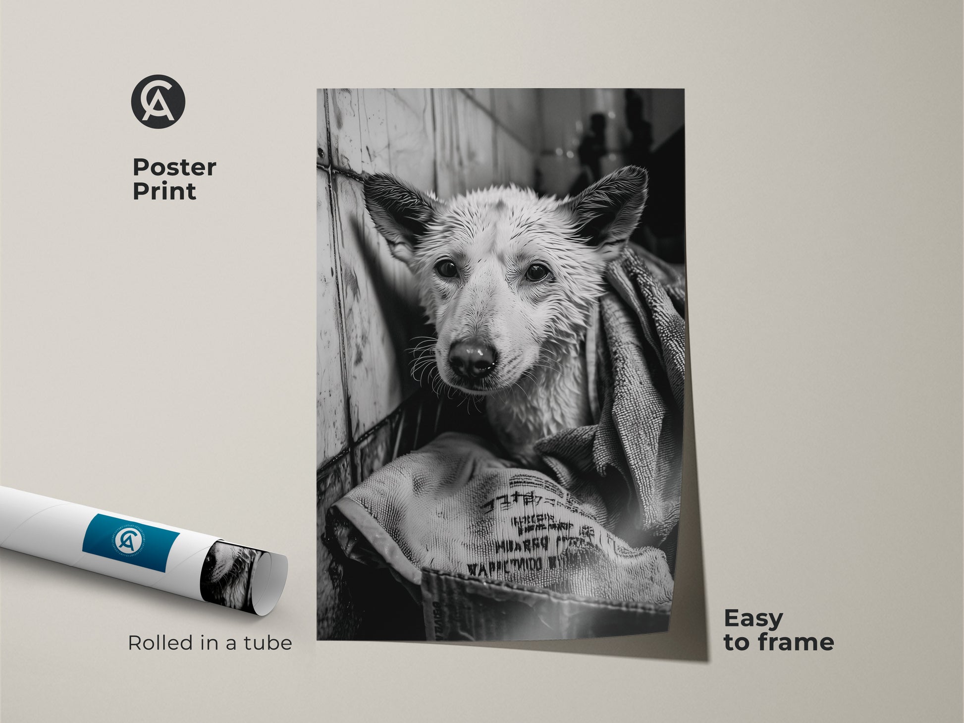 Monochrome poster print of a wet dog wrapped in a towel. This easy-to-frame artwork is perfect for adding a touch of humor. The canine art piece is ideal for any room. Rolled in a tube for protection this is a unique gift for dog and art lovers. It is a stylish addition to your decor.