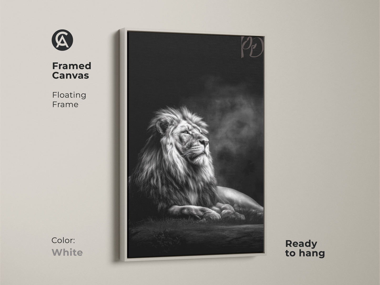 White floating frame highlights this monochrome lion canvas art. This photorealistic wildlife print is a striking piece. This black and white animal artwork is ready to hang and elevate your decor.