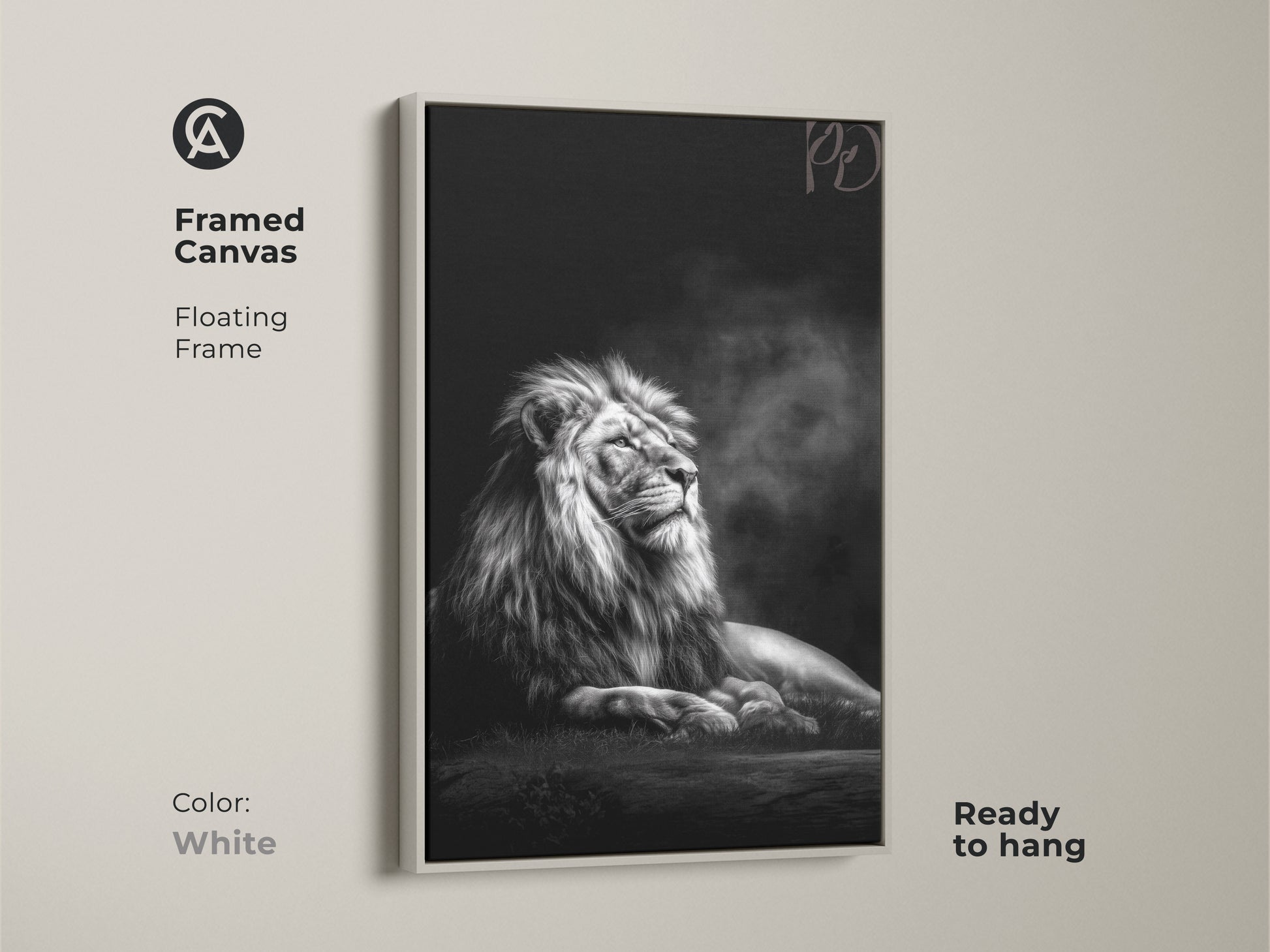 White floating frame highlights this monochrome lion canvas art. This photorealistic wildlife print is a striking piece. This black and white animal artwork is ready to hang and elevate your decor.