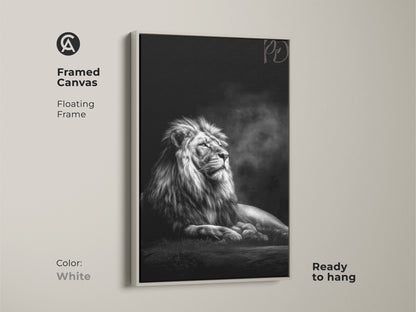 White floating frame highlights this monochrome lion canvas art. This photorealistic wildlife print is a striking piece. This black and white animal artwork is ready to hang and elevate your decor.