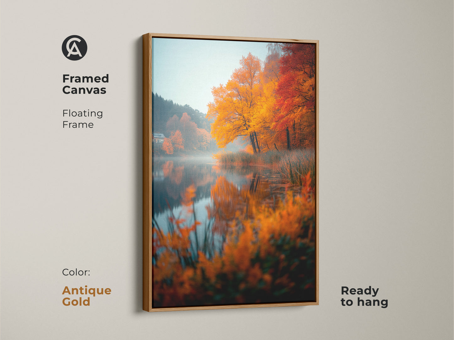 Framed canvas artwork of an autumn lake. The floating frame is antique gold. It is ready to hang. The fall colors create a warm atmosphere. This art adds elegance to any room. Great home decor.