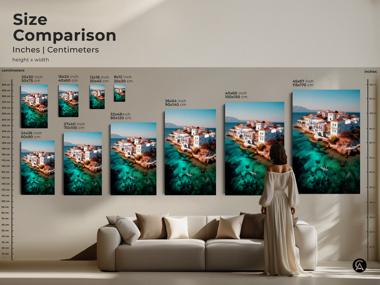 Size comparison of coastal art prints and canvases displayed above a sofa. Visualize how different sizes of the turquoise water aerial seascape print will look in your living space. This Mediterranean art is ideal as travel-inspired wall decor. Discover its coastal charm.