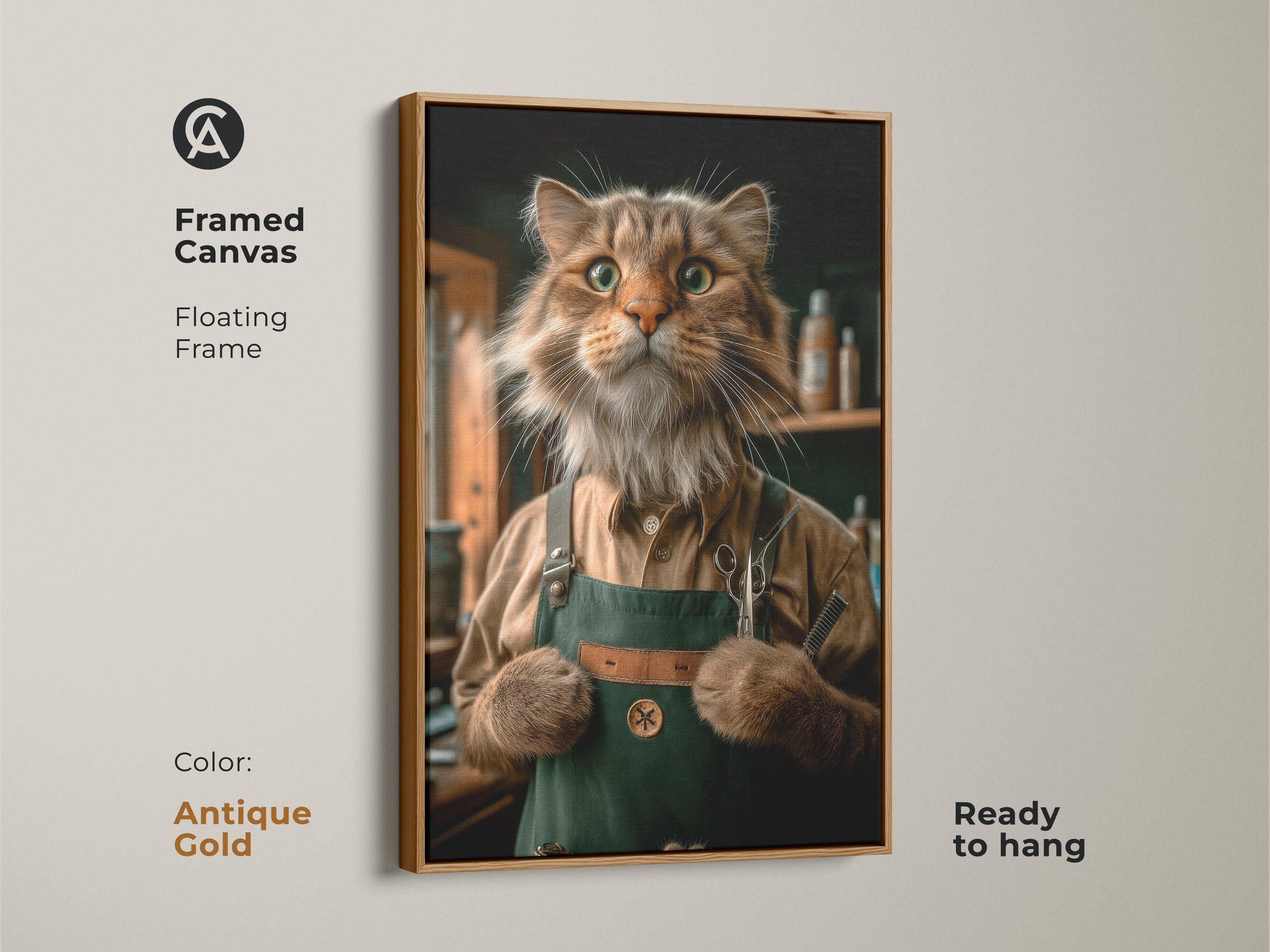 A framed cat salon wall decor. It has an antique gold floating frame. This is a whimsical pet artwork. Ready to hang this unique animal portrait. This piece makes a delightful birthday gift for a cat mom.