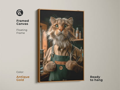 A framed cat salon wall decor. It has an antique gold floating frame. This is a whimsical pet artwork. Ready to hang this unique animal portrait. This piece makes a delightful birthday gift for a cat mom.