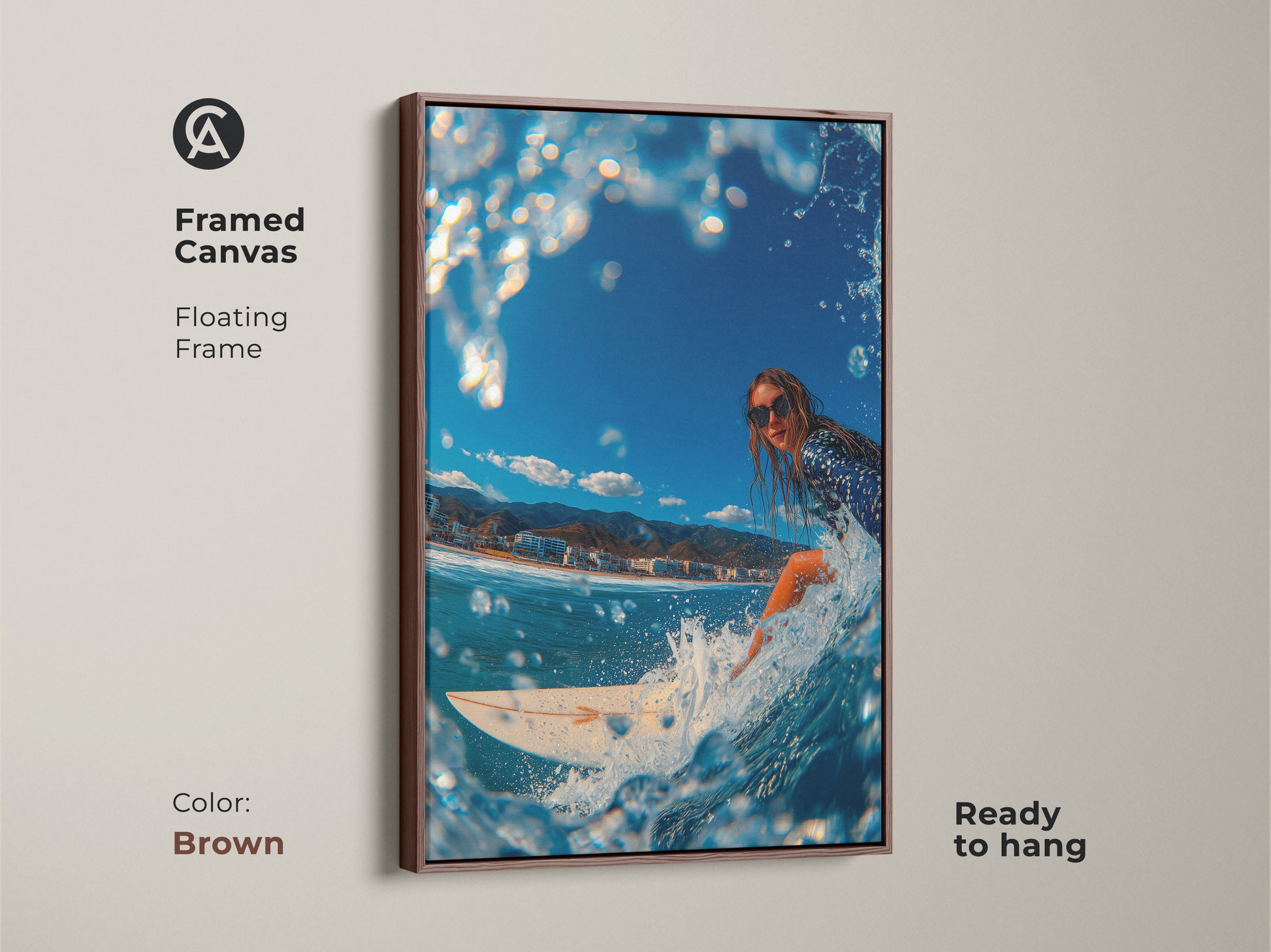 A framed canvas artwork featuring a surfer girl on a wave. A brown floating frame enhances its natural appeal. This ready-to-hang piece brings the energy of the ocean to your wall. Ideal for surf art collectors seeking a warm and inviting touch in their decor.