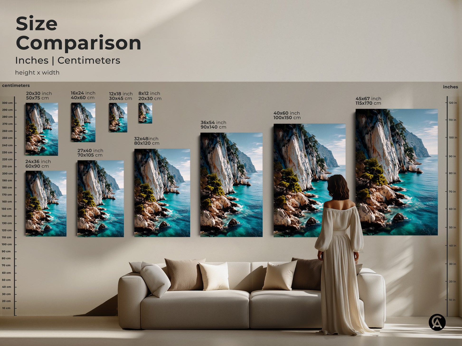 Size Comparison for Coastal Cliff Art in Inches and Centimeters. See how various sizes such as 16x24 24x36 and 40x60 inches fit in your space. This turquoise blue seascape is a beautiful addition to any room. Discover the perfect scale for your nature landscape print.