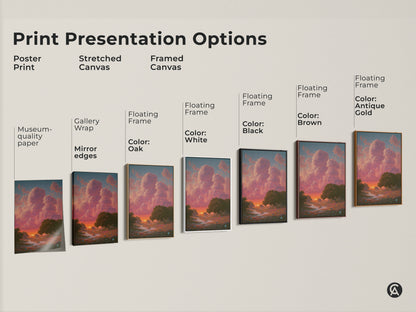Print presentation options for dreamy cloudscape art. Choose from poster print stretched canvas or framed canvas. Options include gallery wrap museum-quality paper and floating frames. Frame colors include oak white black brown and antique gold.
