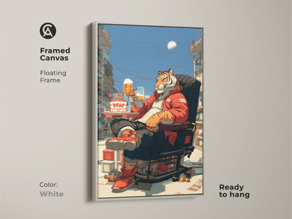 Framed canvas art of a tiger drinking beer. The floating frame color is white. This pop surrealism animal art is ready to hang. It's a unique eclectic animal lover gift.