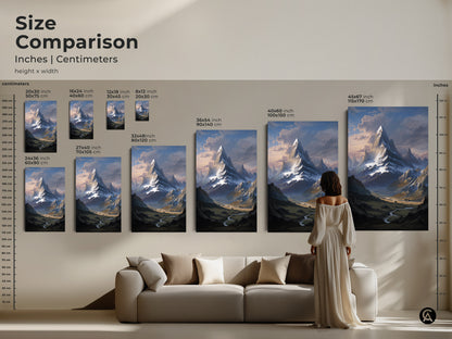 Size comparison featuring a snowy mountain landscape artwork in inches and centimeters. See how the art looks in different sizes. It’s a perfect nature scenery artwork for your living room.